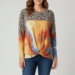 NWOT TOGETHER Mixed Media Top Leopard Animal Print Tie Dye Brown Casual Size M